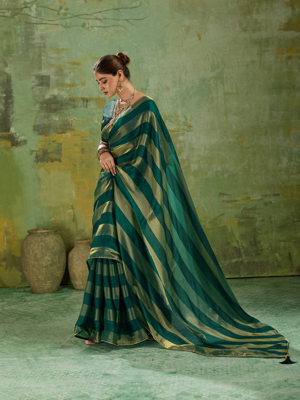 Teal Green Satin Silk saree – detail view 2