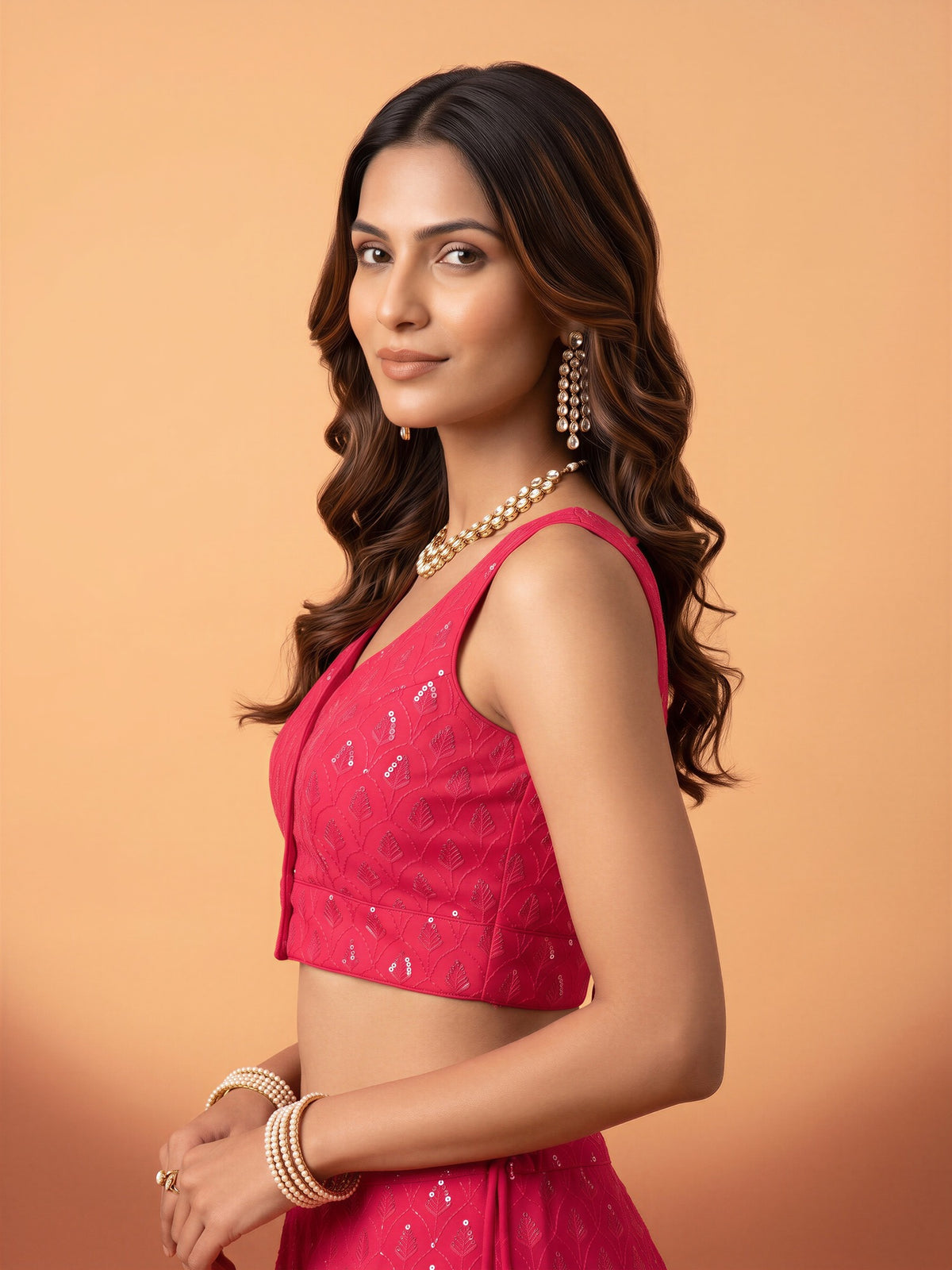 Pink sequin embroidered georgette sleeveless readymade saree blouse with sweetheart neck view 2