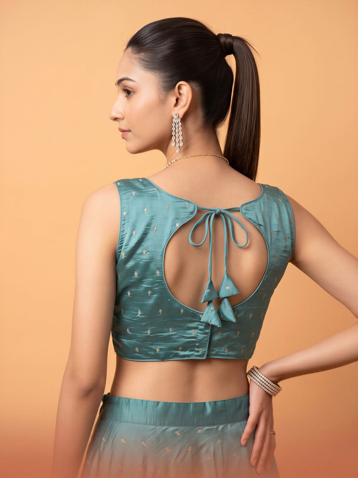 Light Blue sequin embellished silk blend sleeveless readymade saree blouse with round neck view 1