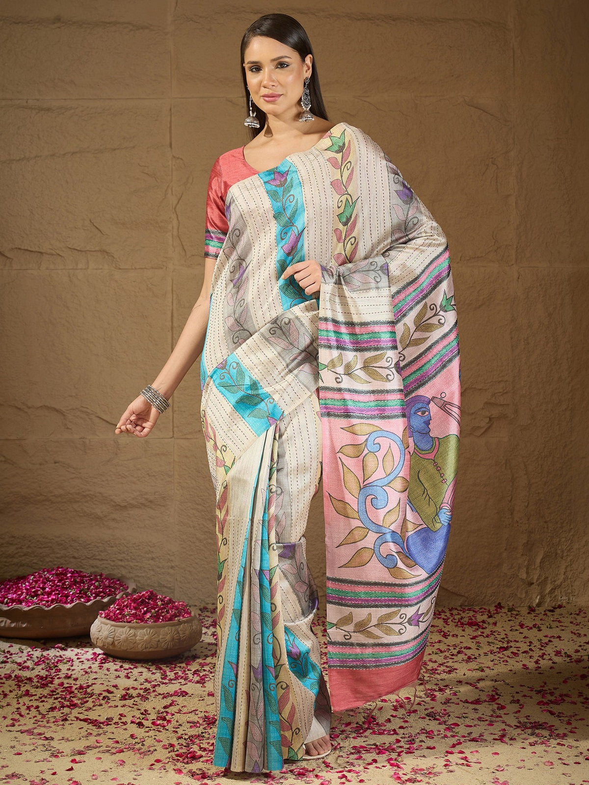 Multicolored kalamkari art silk saree with peach blouse piece