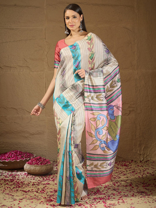 Multicolored kalamkari art silk saree with peach blouse piece