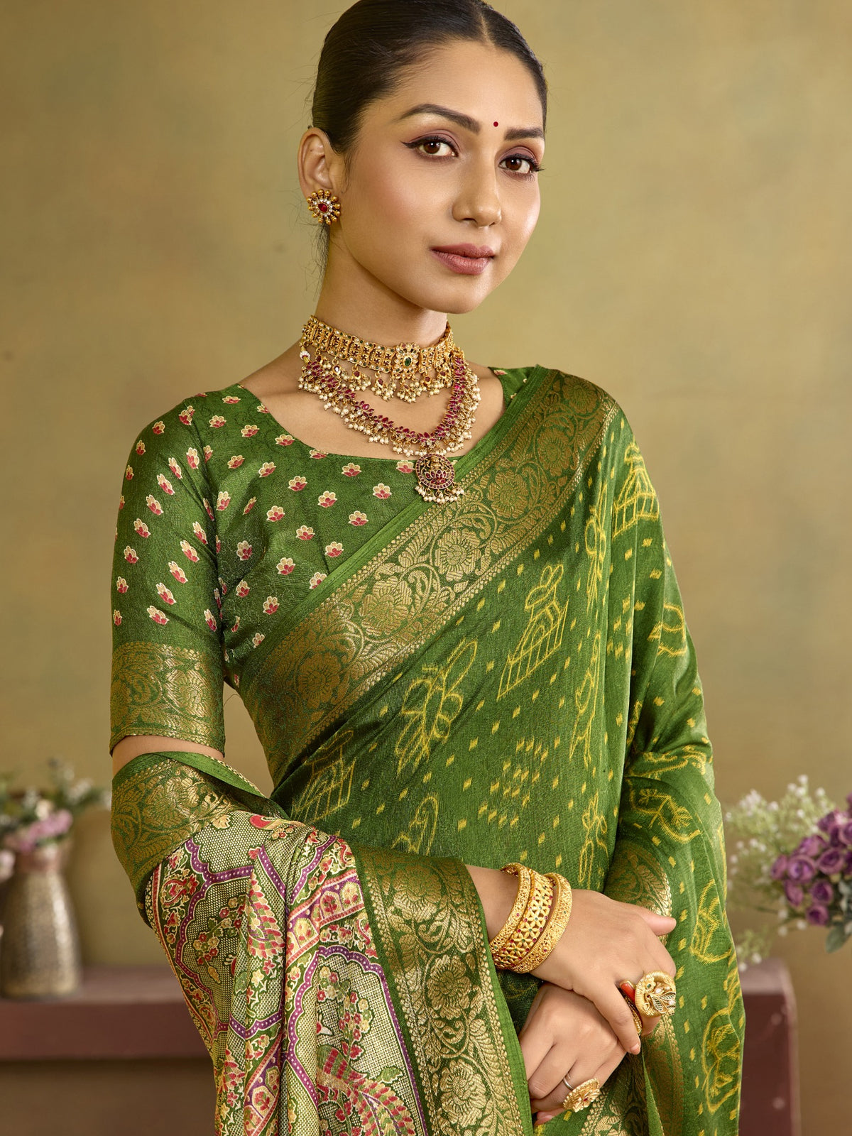 Olive tussar silk saree view 3