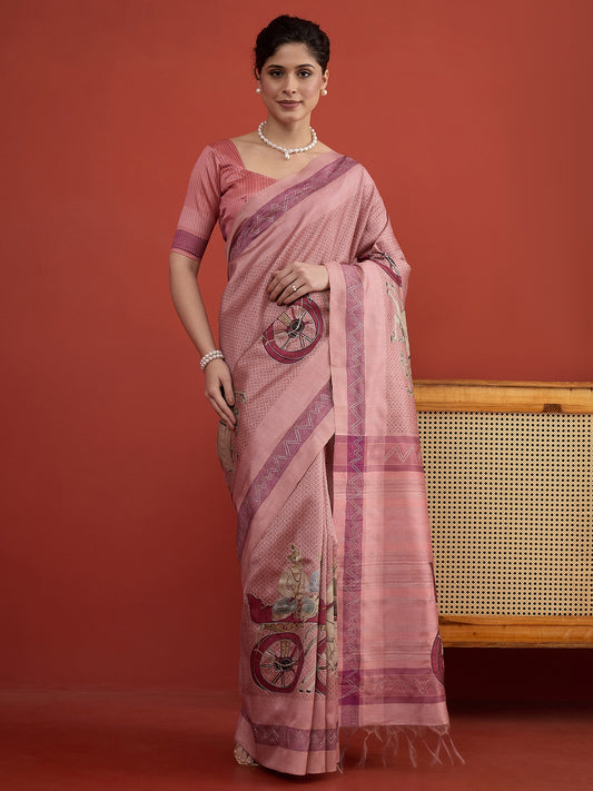 Pink ethnic motif art silk saree with pink blouse piece