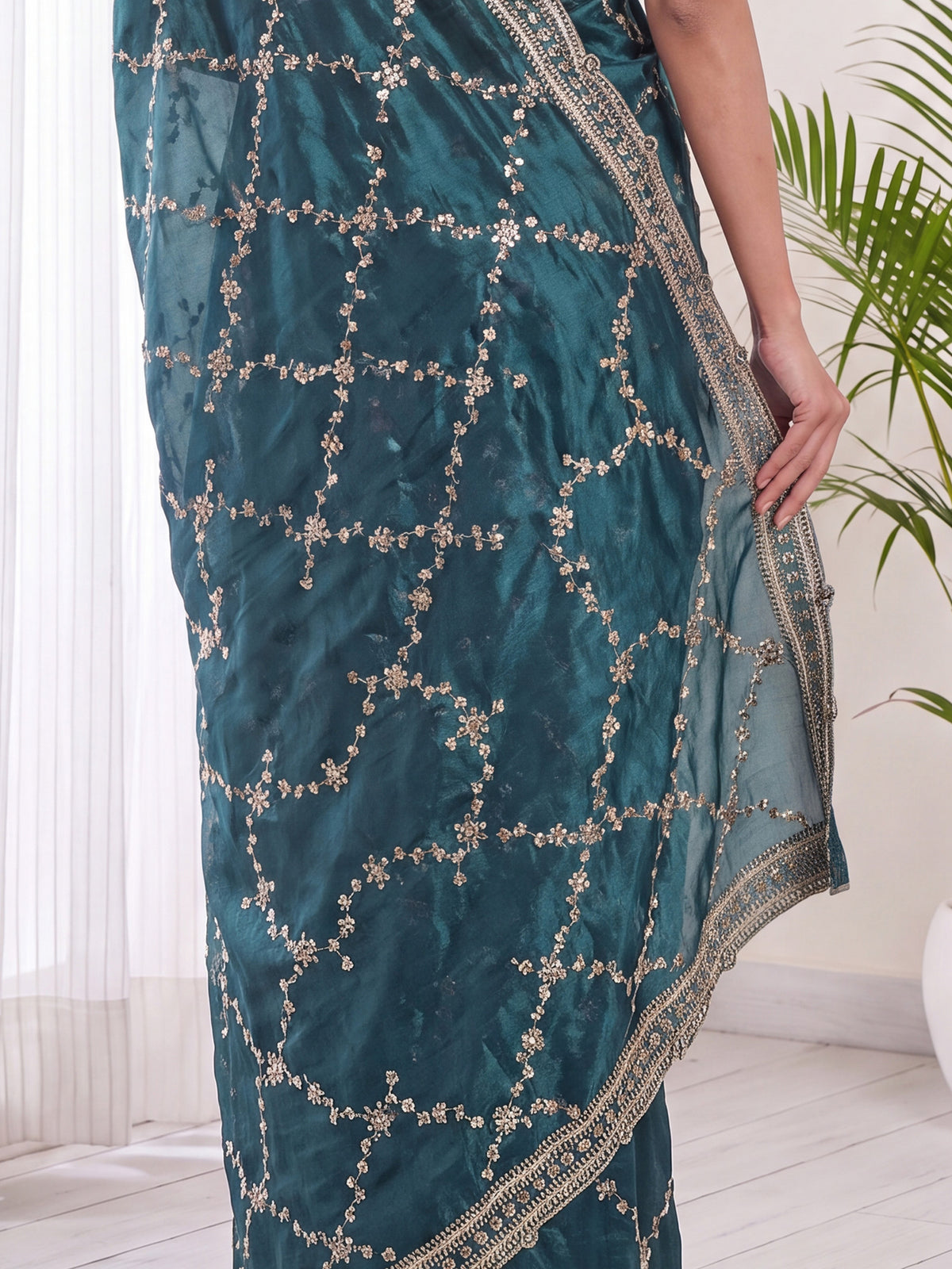 Teal Green Satin saree – detail view 5