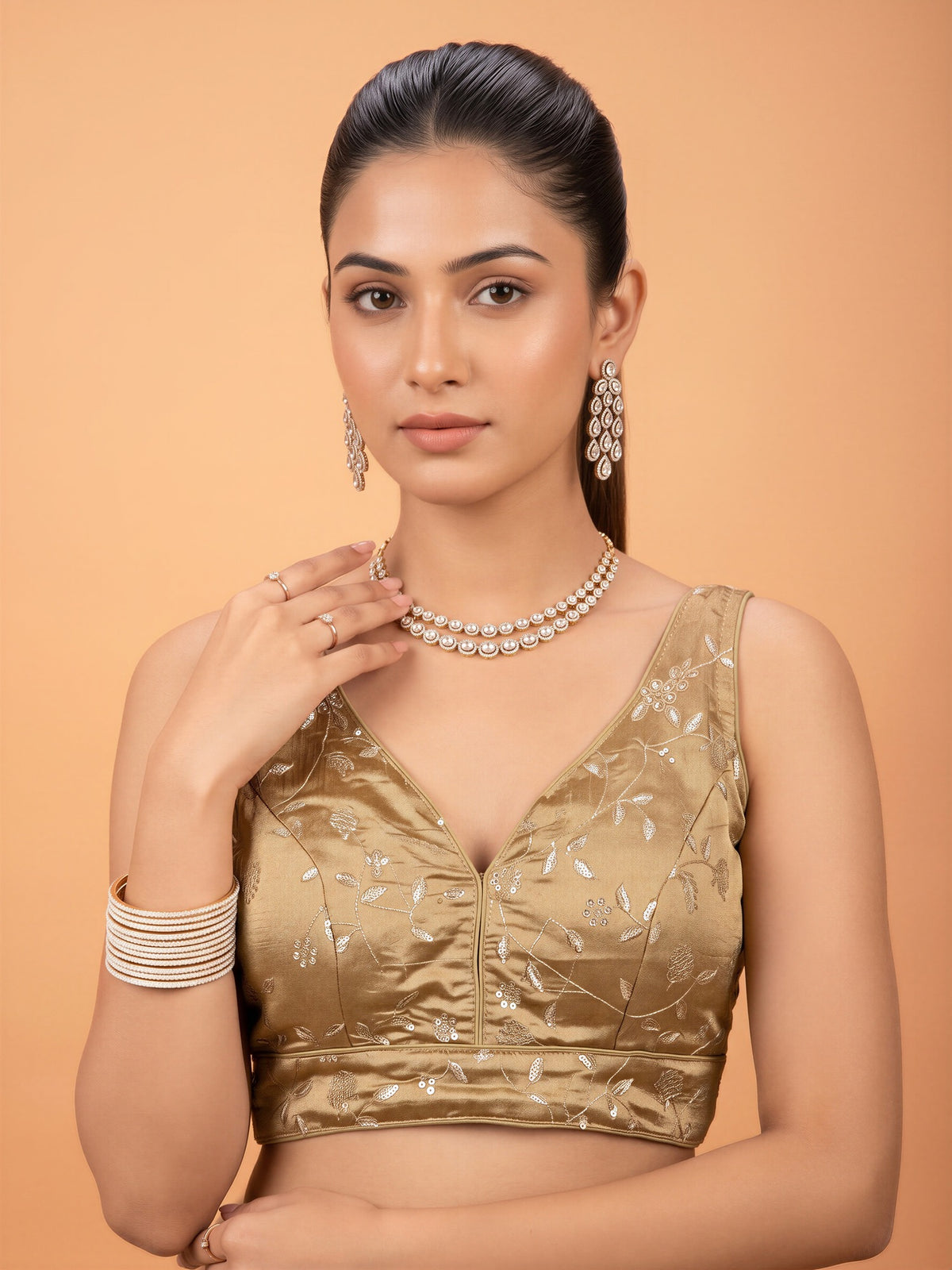 Beige sequin embellished silk blend sleeveless readymade saree blouse with v neck