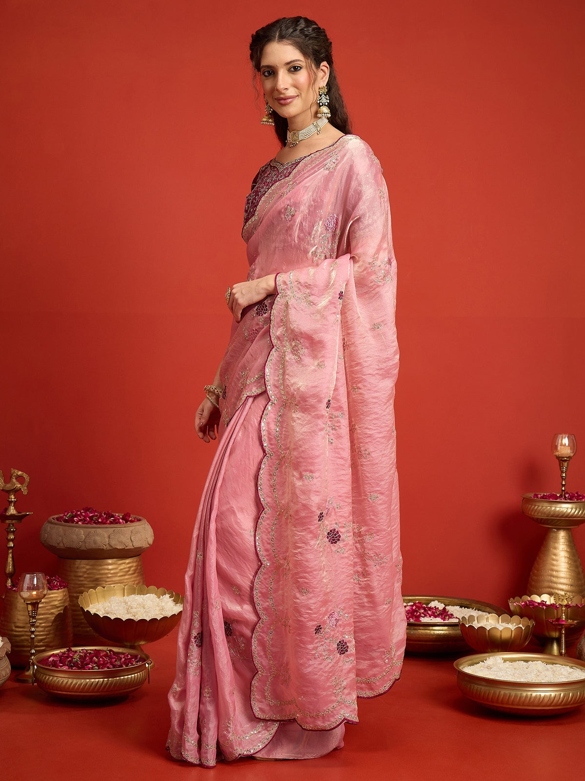 Pink Satin Silk saree – detail view 1