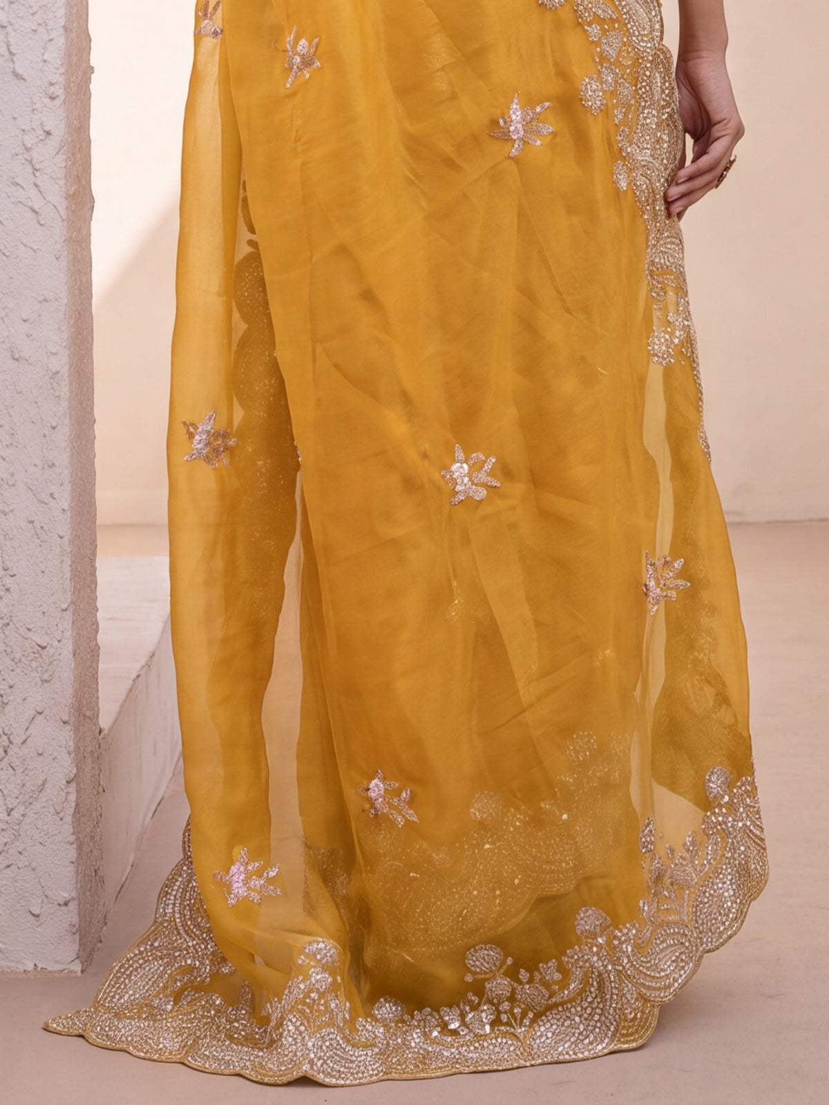 Mustard Satin saree – detail view 5