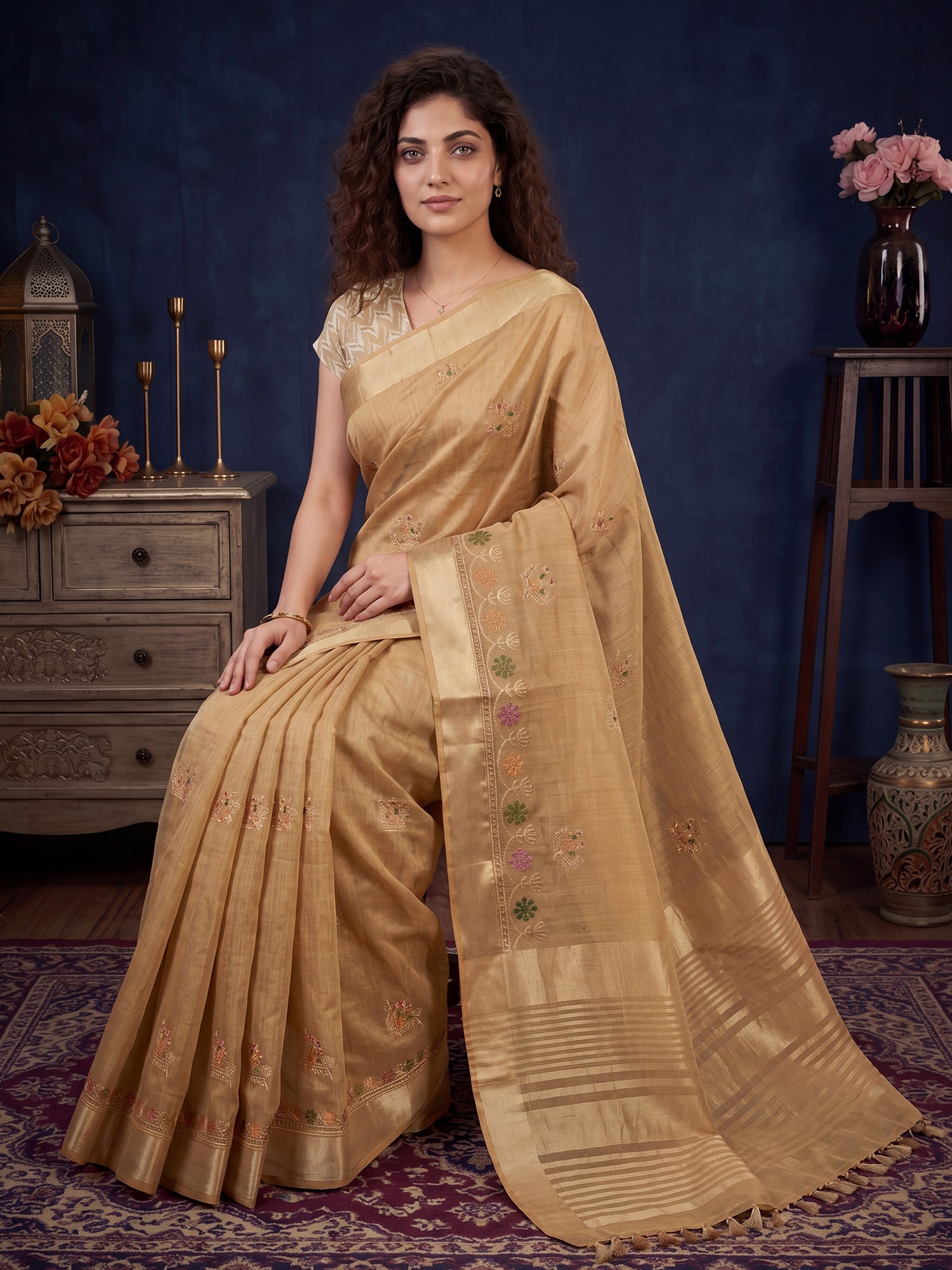 Beige Cotton Linen saree – detail view 3