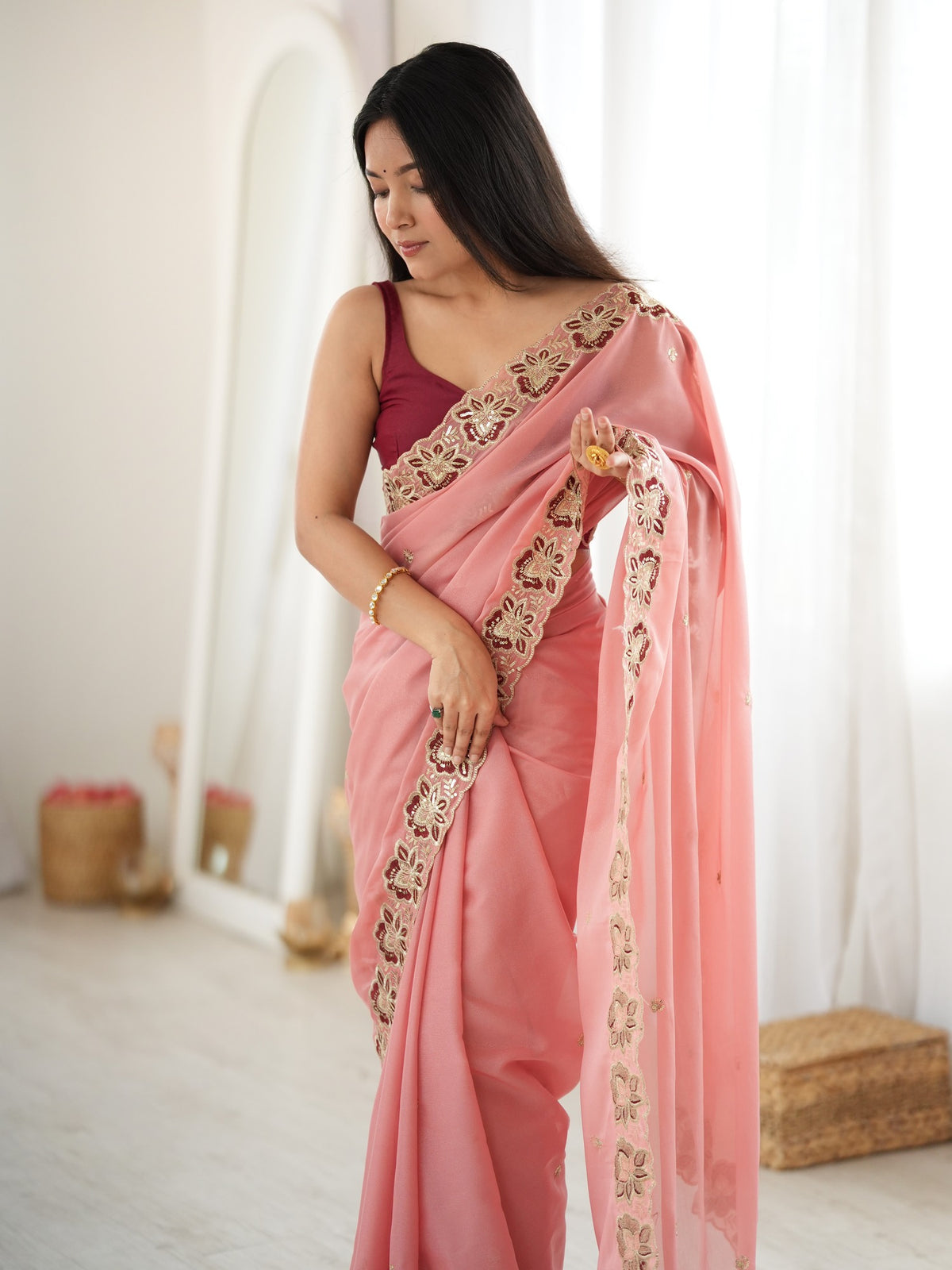 Peach Georgette saree – detail view 2