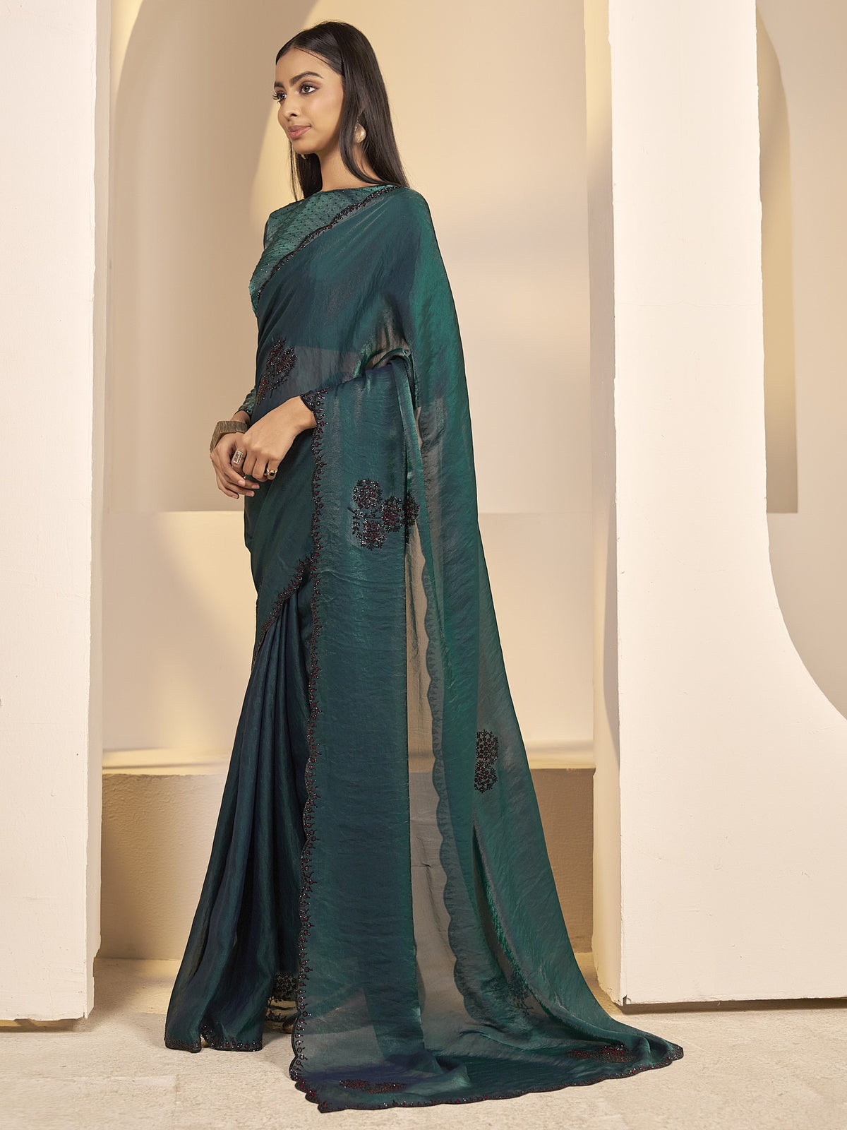Teal Green satin silk saree view 1