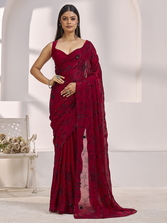 Maroon embellished satin silk saree with maroon blouse piece