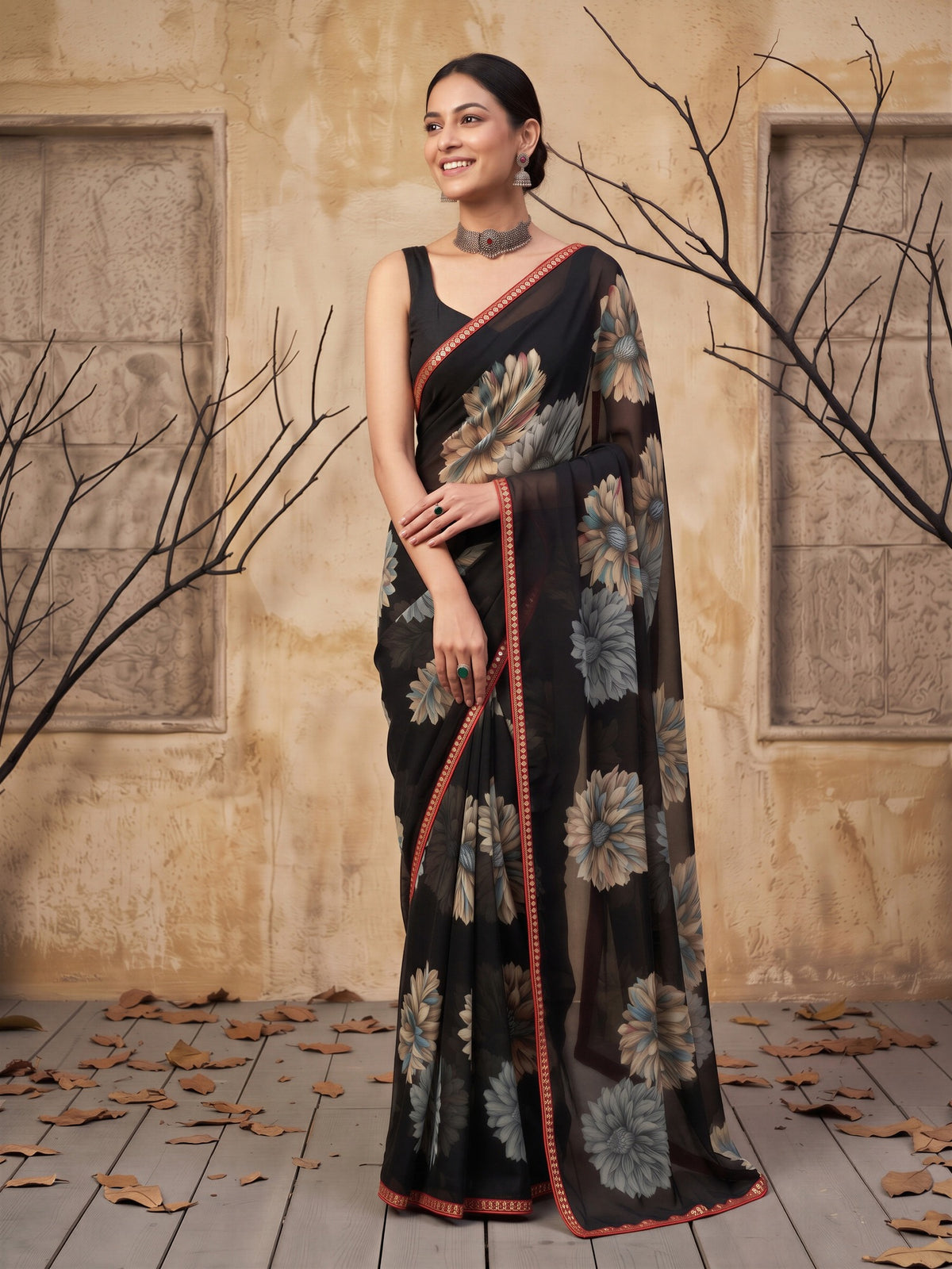 Black Georgette saree – detail view 3