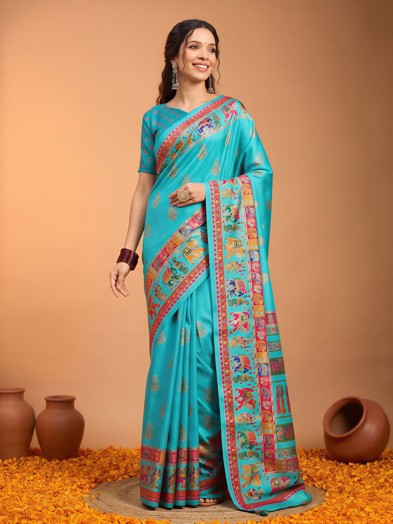 Teal Blue Silk Blend saree – detail view 3