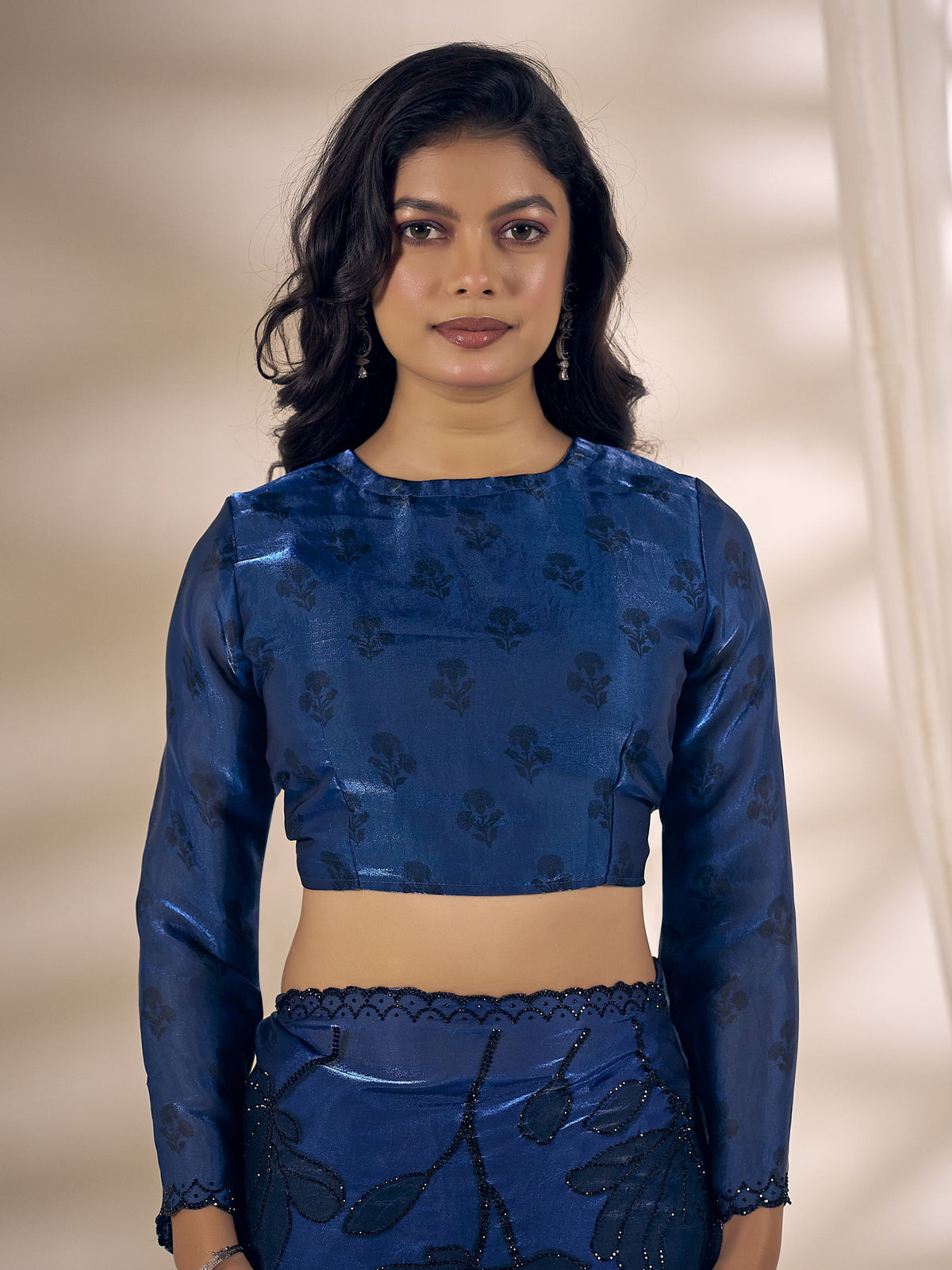 Blue satin silk saree view 5