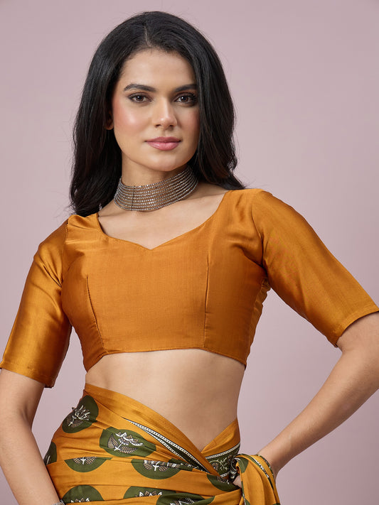 Mustard satin saree view 1
