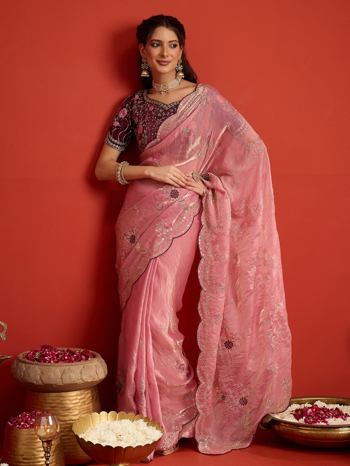Pink Satin Silk saree – detail view 2