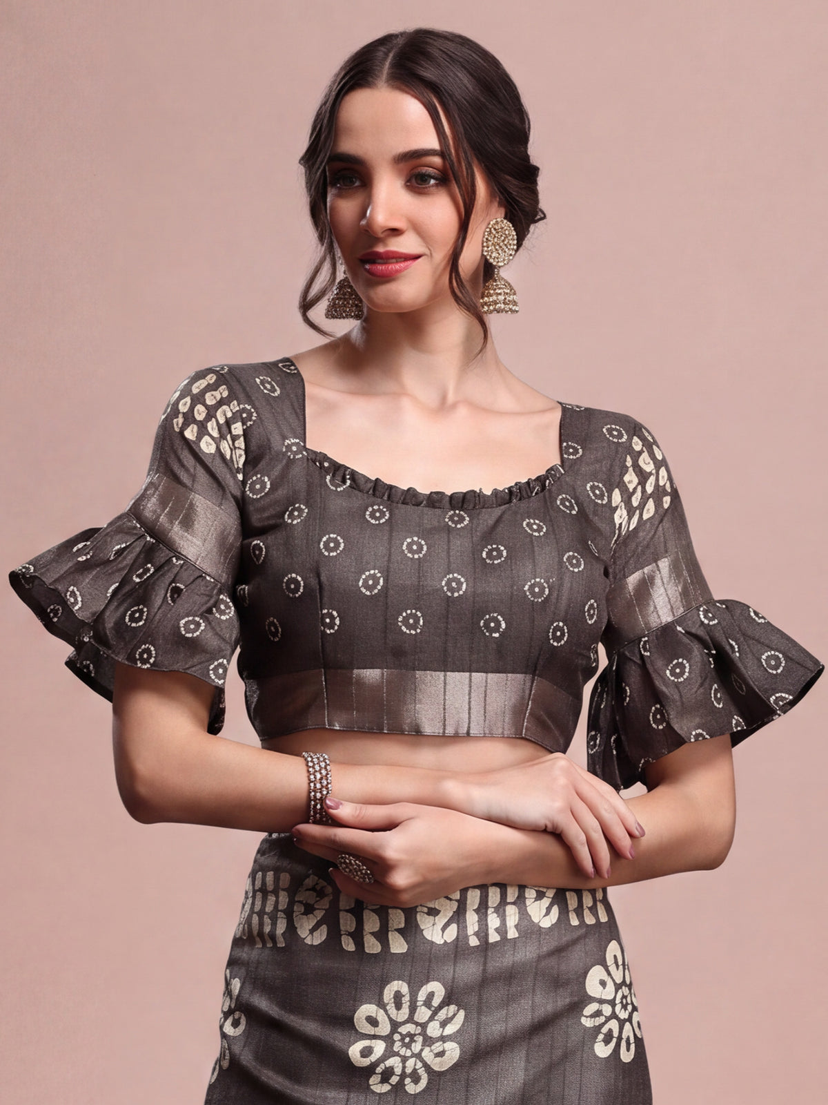 Unstitched charcoal grey silk blend blouse piece with floral design