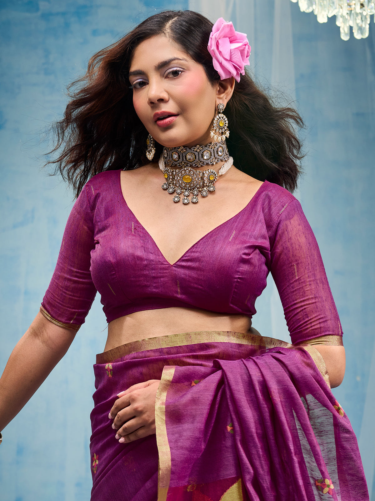 Unstitched magenta muga cotton blouse piece with solid design