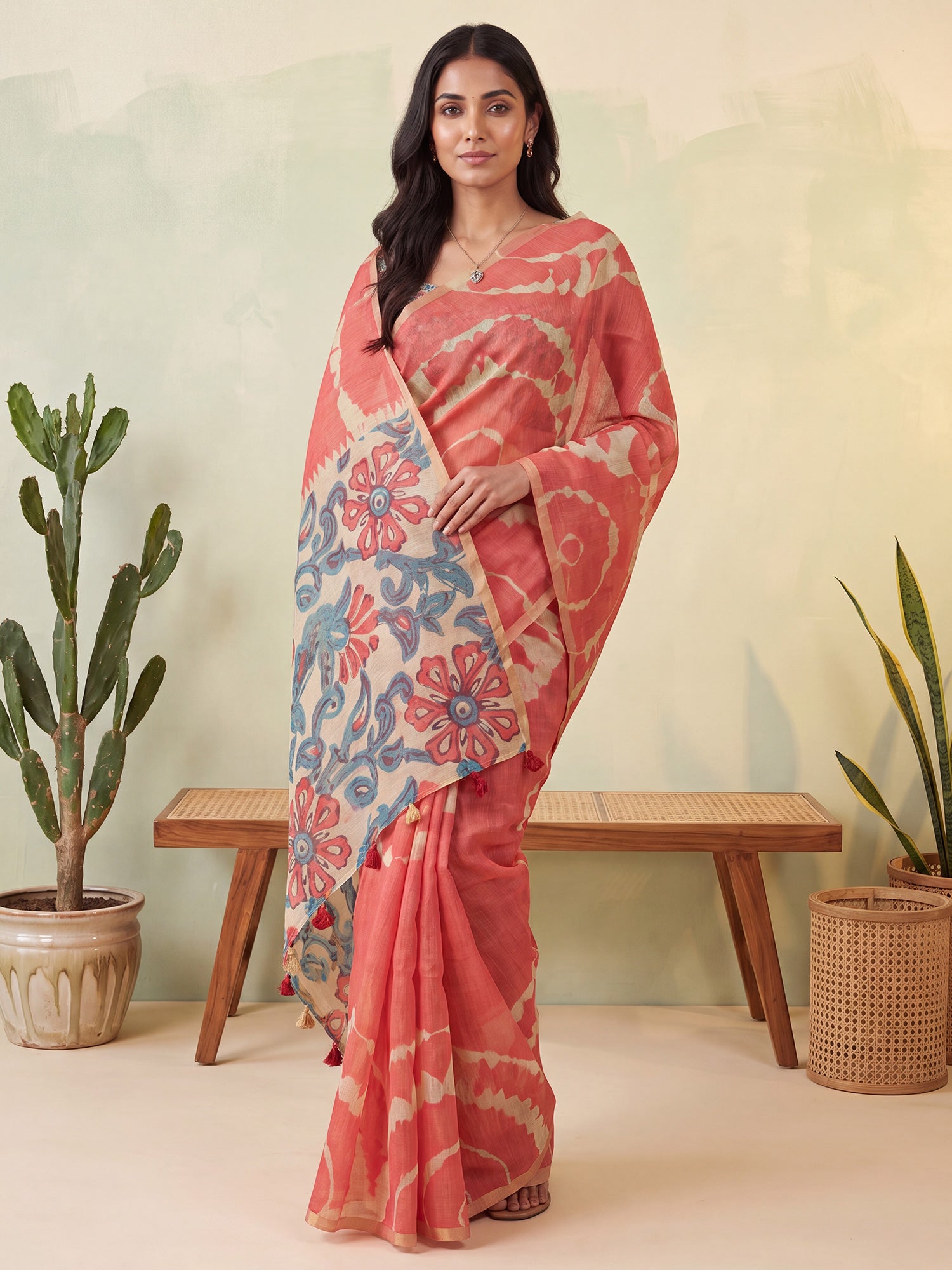 Rust Cotton Linen saree – detail view 3