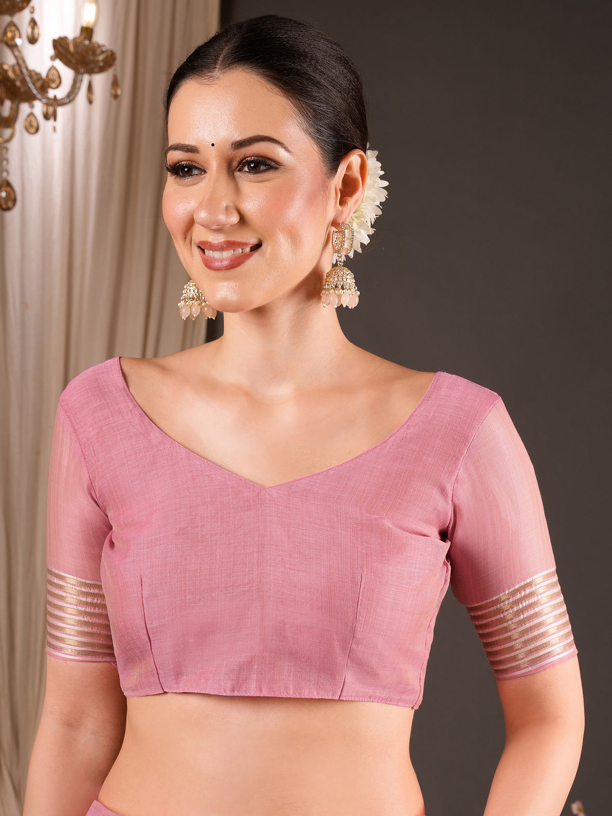 Unstitched pink soft silk blouse piece with woven design design