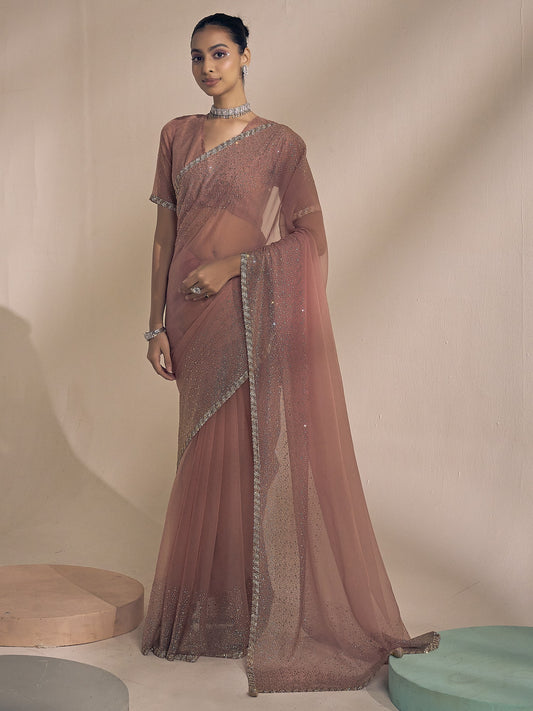 Rose Gold embellished chiffon saree with rose gold blouse piece