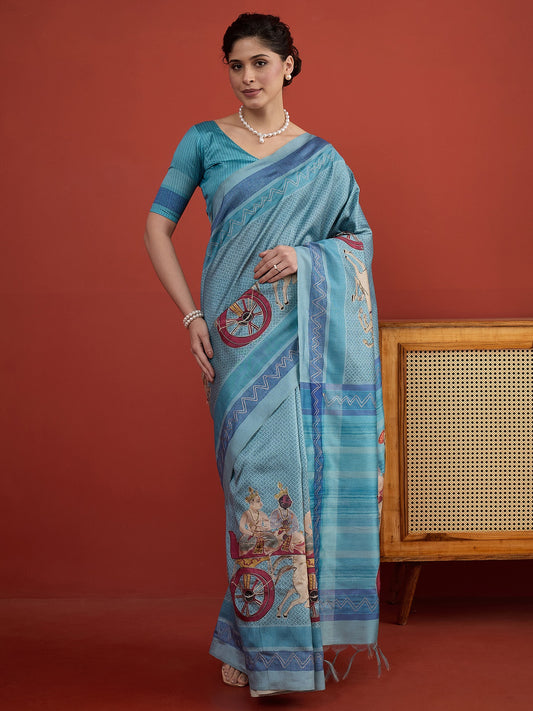 Light Blue ethnic motif art silk saree with light blue blouse piece