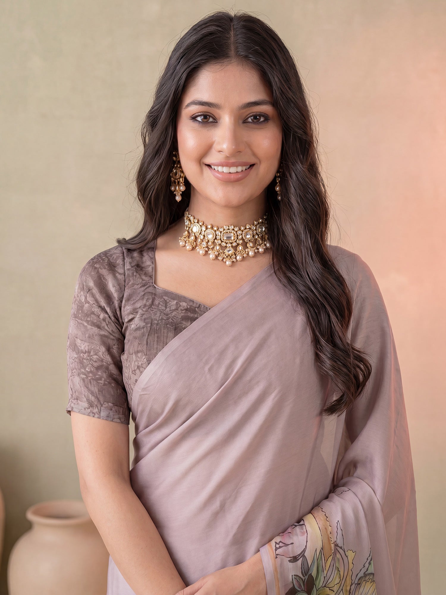 Beige Satin saree – detail view 3