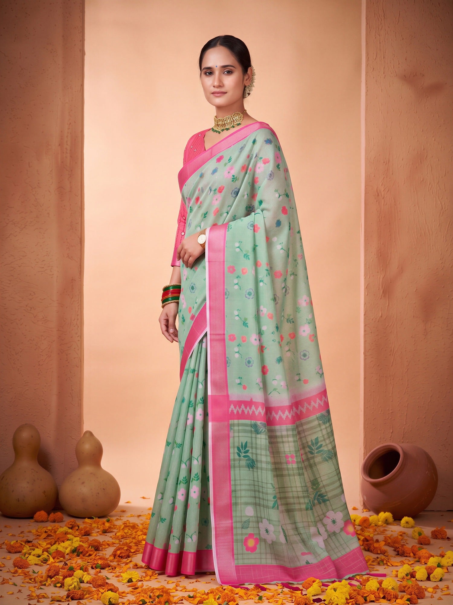 Sea Green Cotton Linen saree – detail view 2