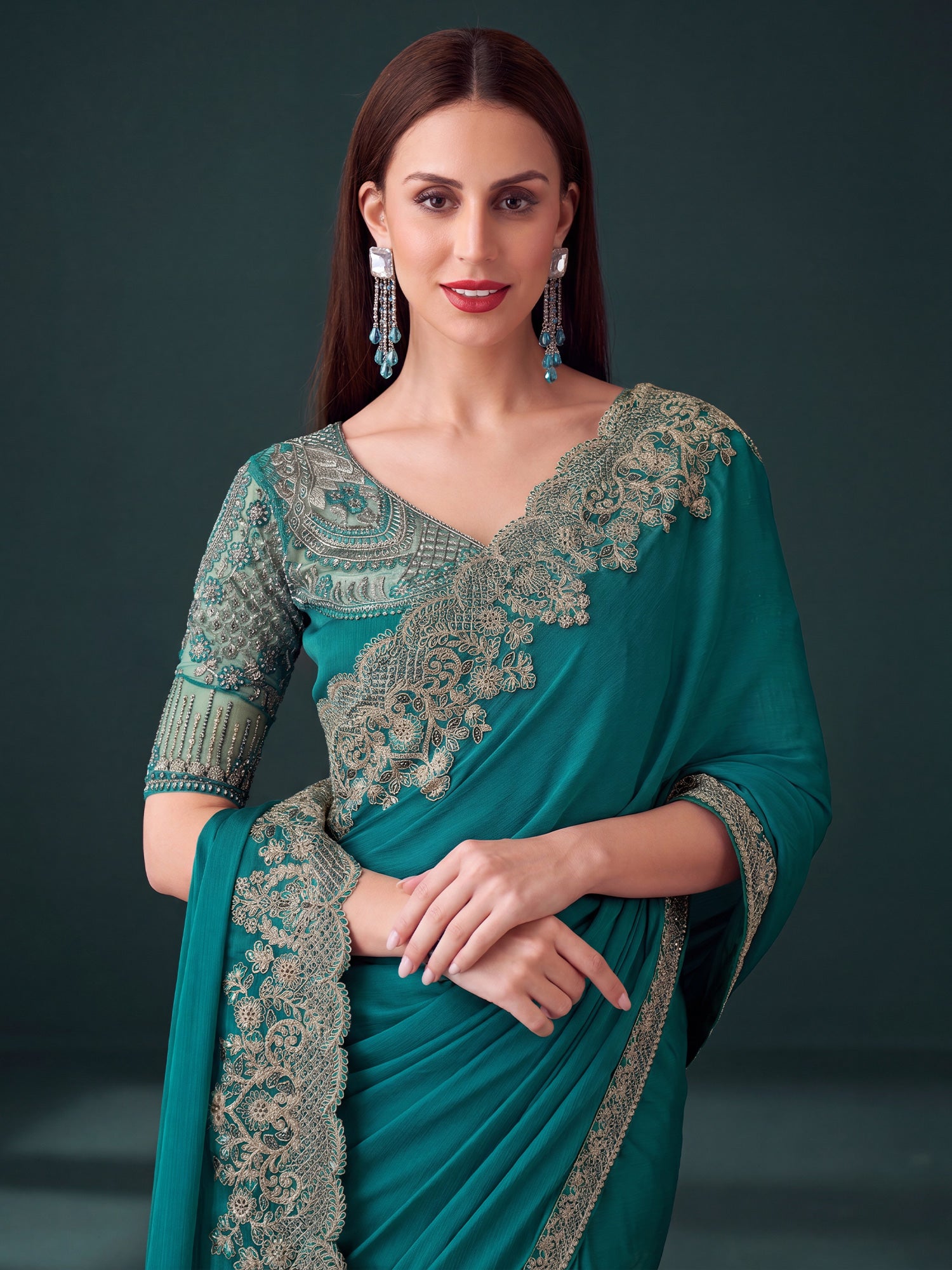 Teal Green Pure Chiffon saree – detail view 4