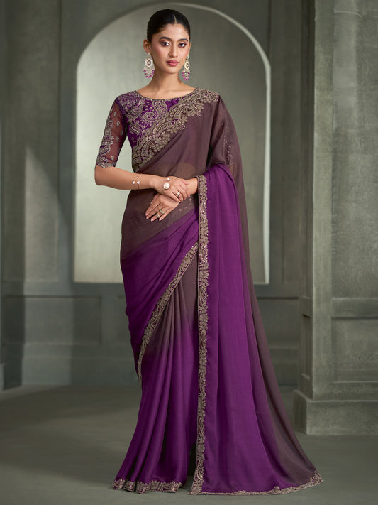 Woman wearing purple chiffon saree with ombre graded colour work and purple blouse
