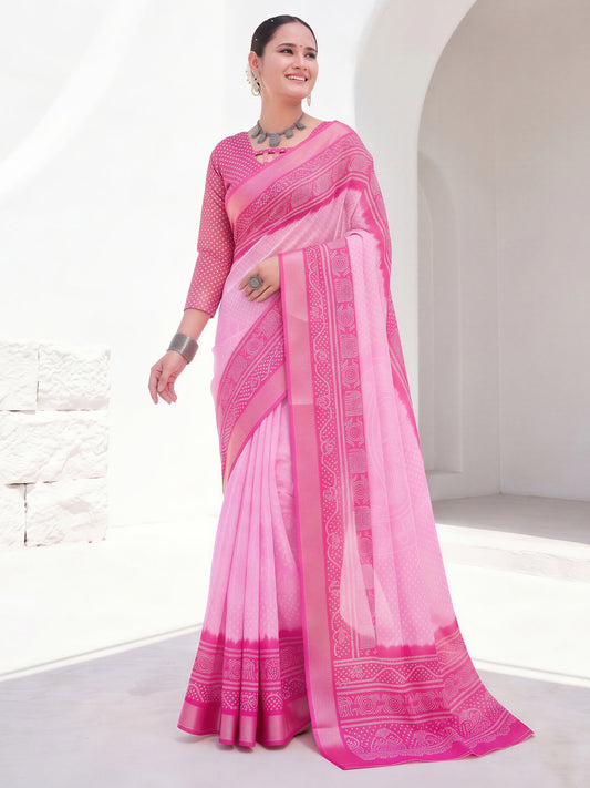 Woman wearing pink cotton linen saree with bandhani tie-dye dot work and pink blouse
