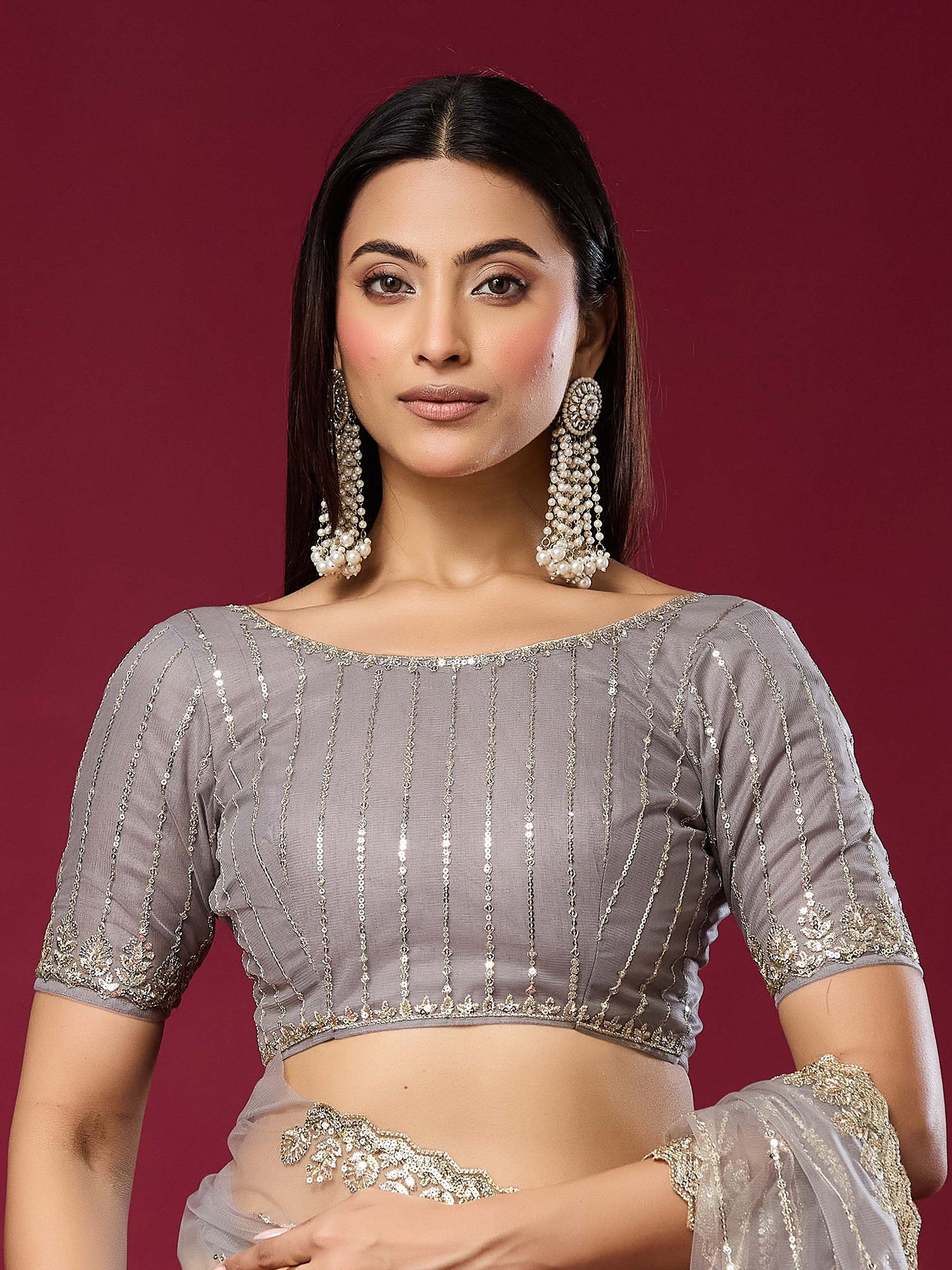 Unstitched grey net blouse piece with embellished design