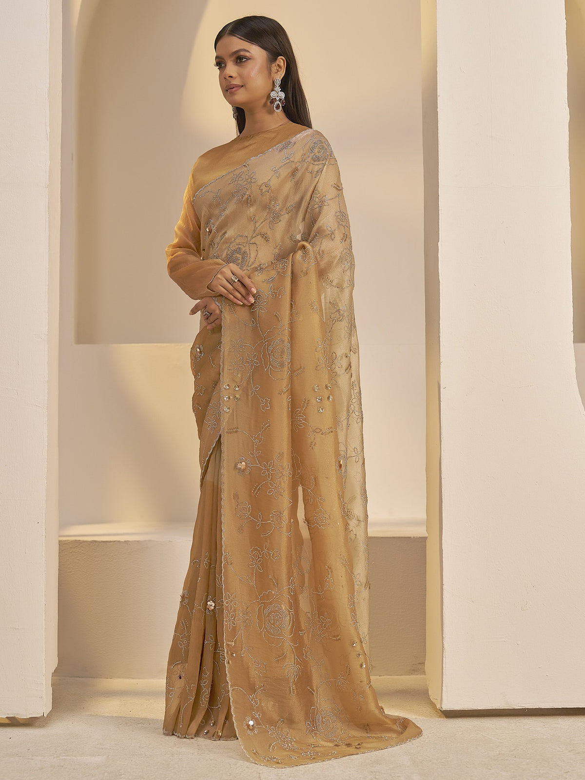 Gold organza saree view 1