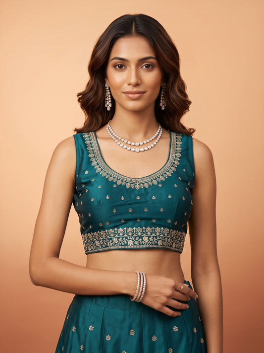 Teal Blue sequin embellished silk blend sleeveless readymade saree blouse with round neck