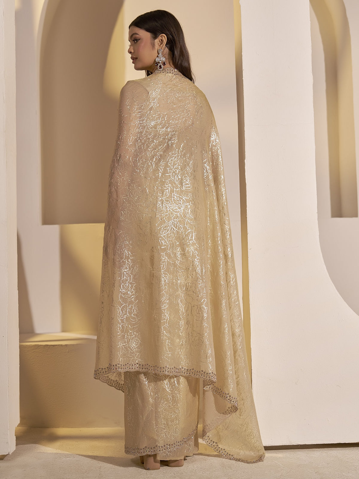Beige satin silk saree view 2