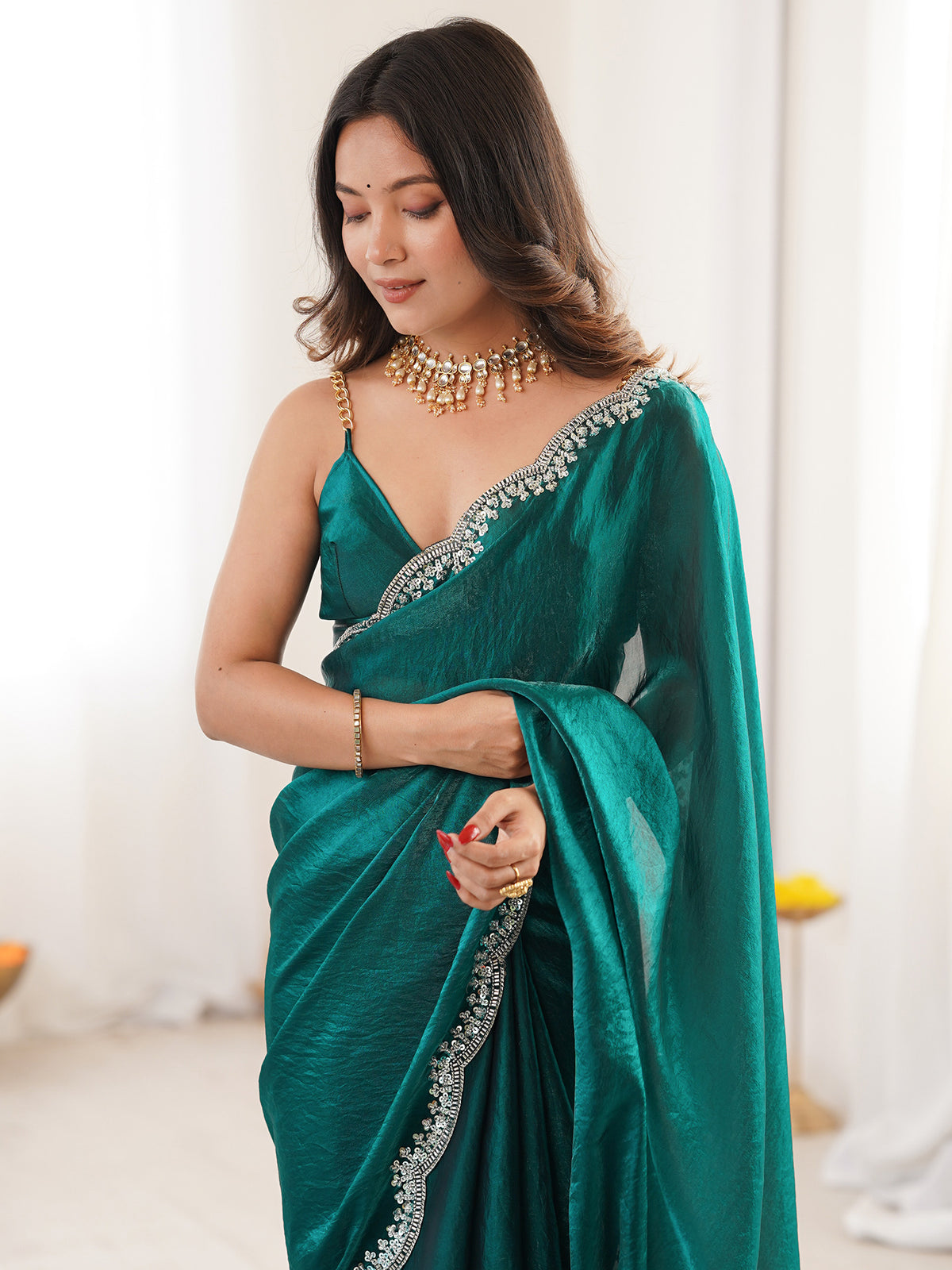 Teal Green Silk Blend saree – detail view 4