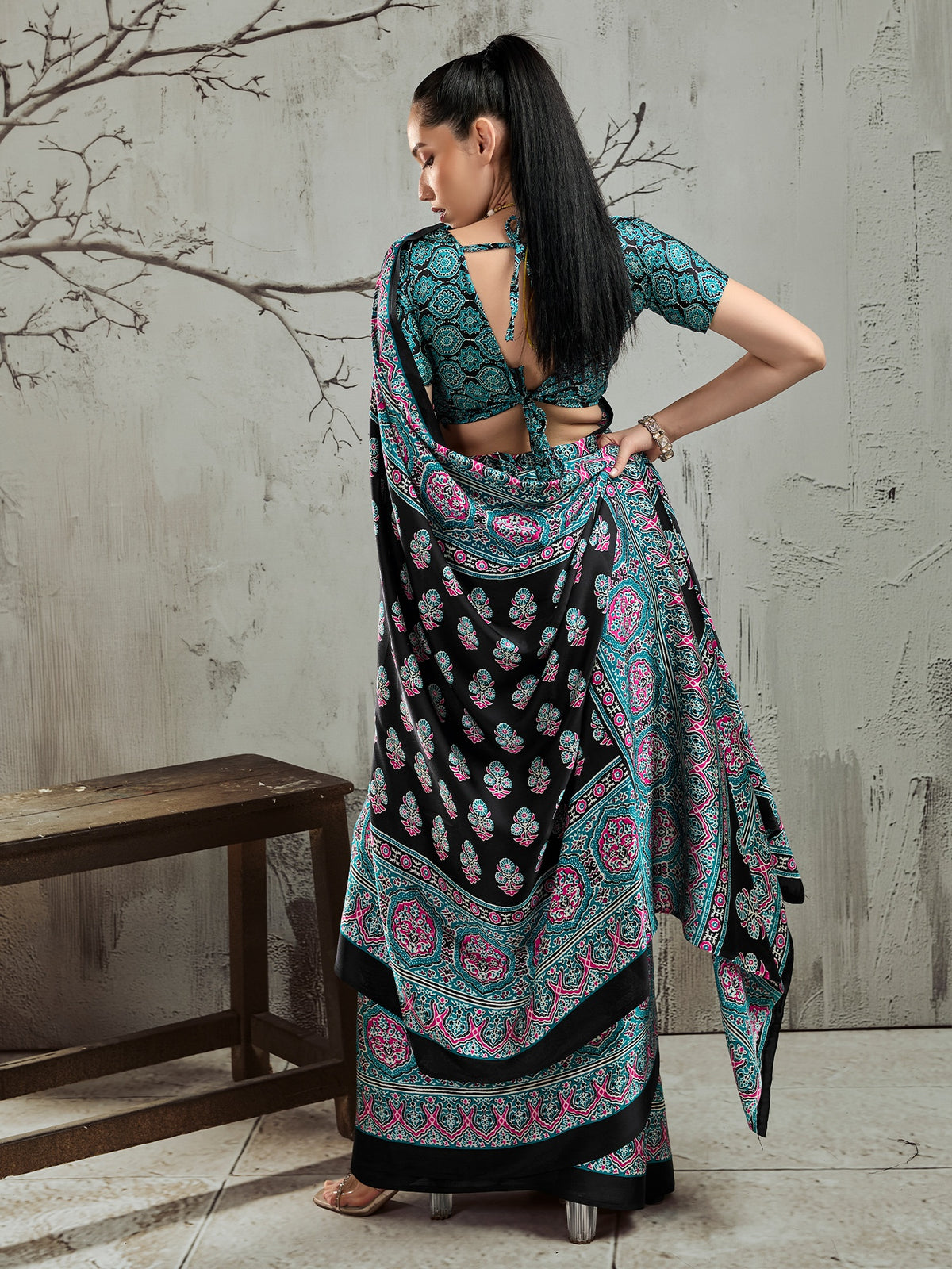 Black satin saree view 1