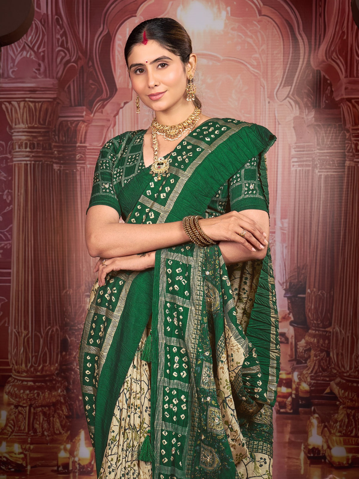 Cream tussar silk saree view 3