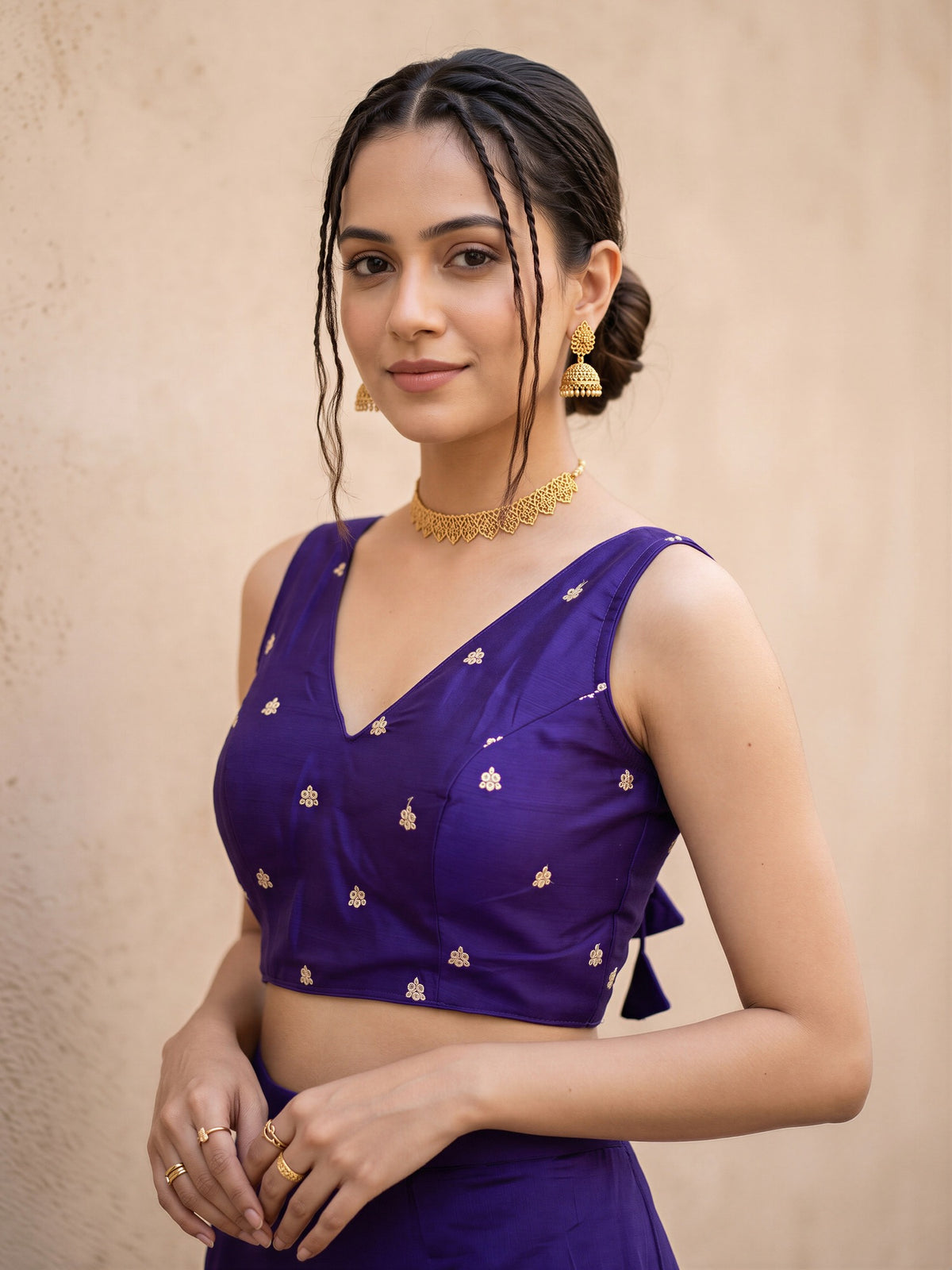 Violet sequin embellished vichitra silk sleeveless readymade saree blouse with v neck