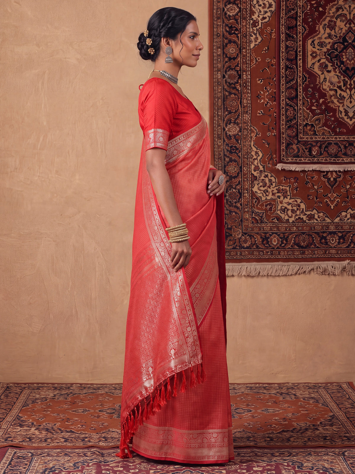 Red Satin Silk saree – detail view 2