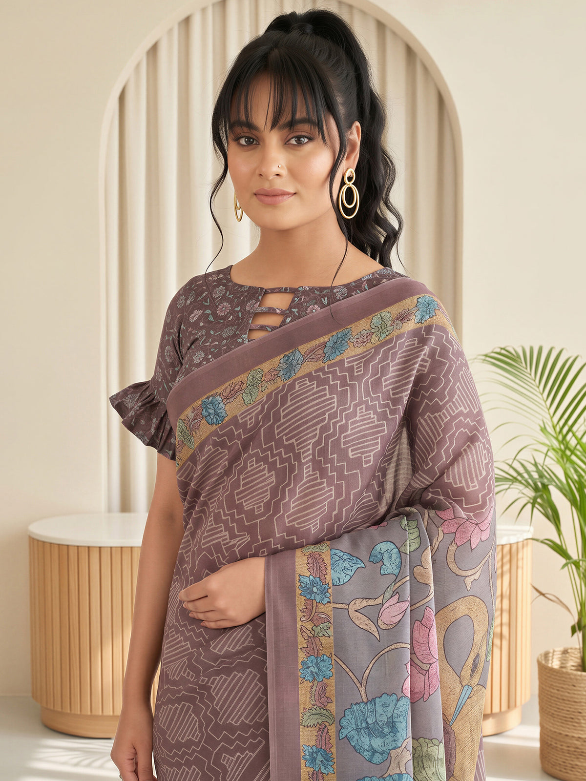 Brown Linen Blend saree – detail view 4