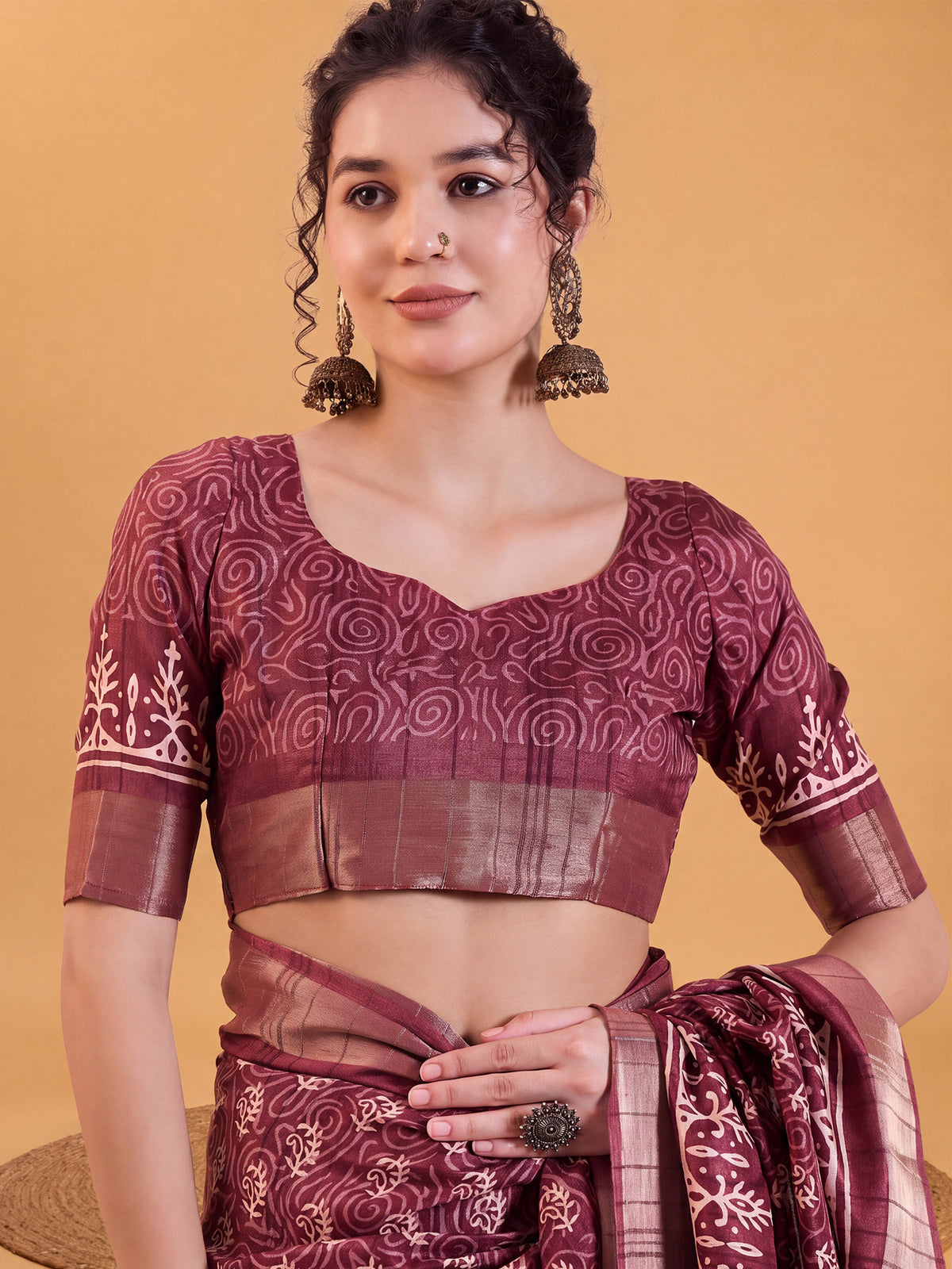 Unstitched maroon silk blend blouse piece with dabu design