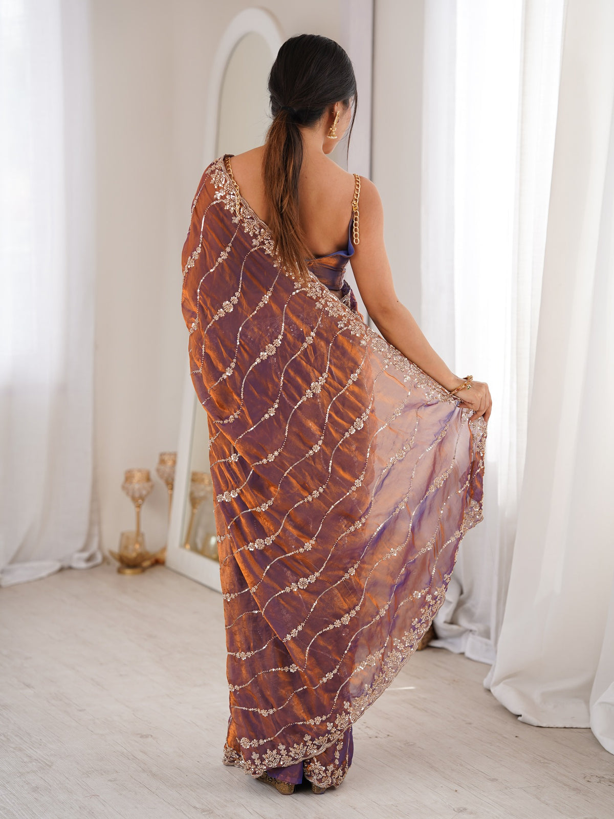 Bronze satin saree view 2