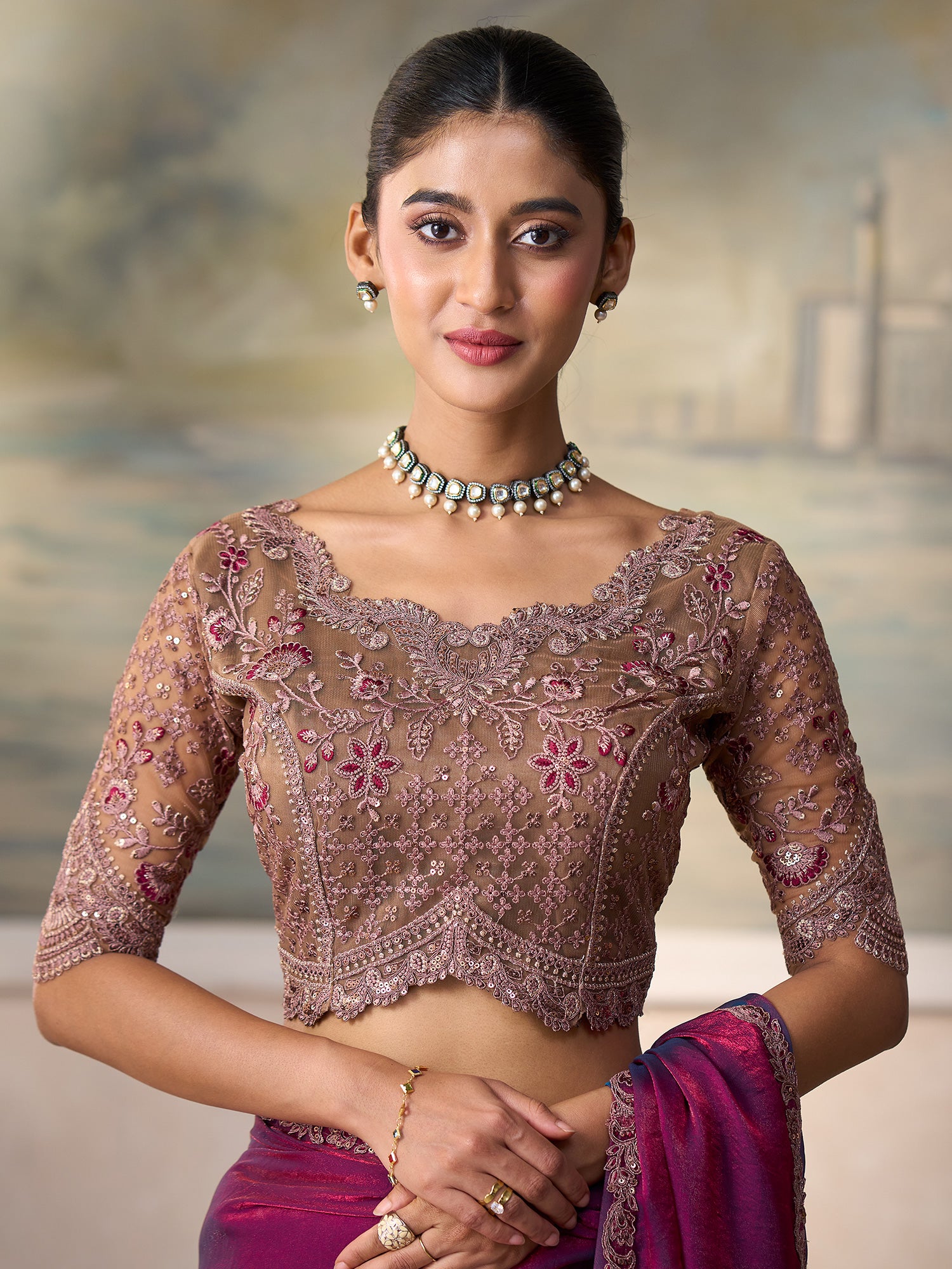 Unstitched grey tussar silk blouse piece with embellished design