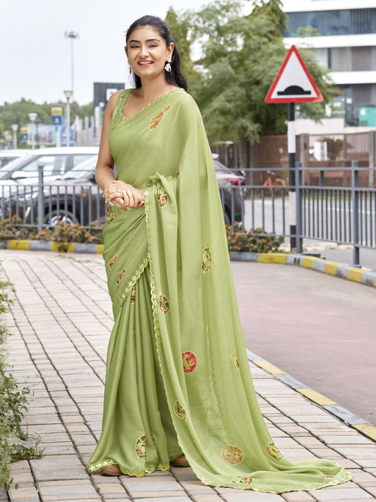 Sea Green foil chiffon saree with sea green blouse piece