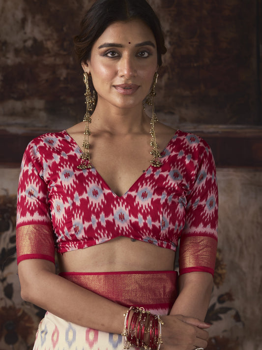 Off White silk blend saree view 1