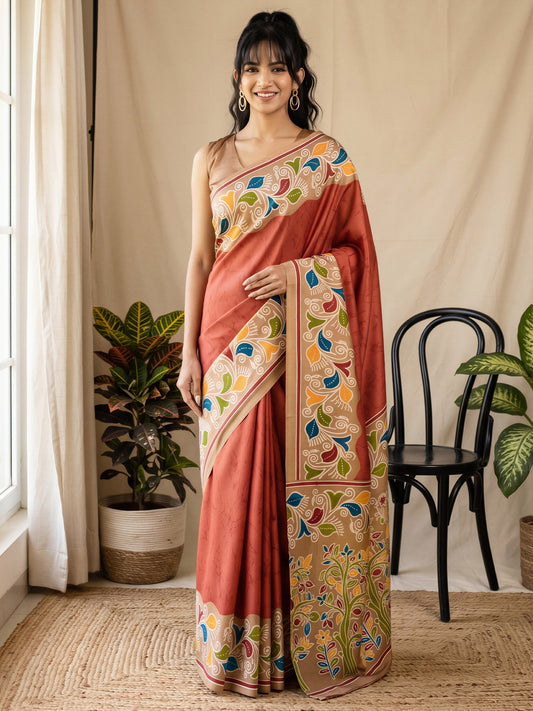 Woman wearing rust cotton blend saree with batik wax-resist design and beige blouse