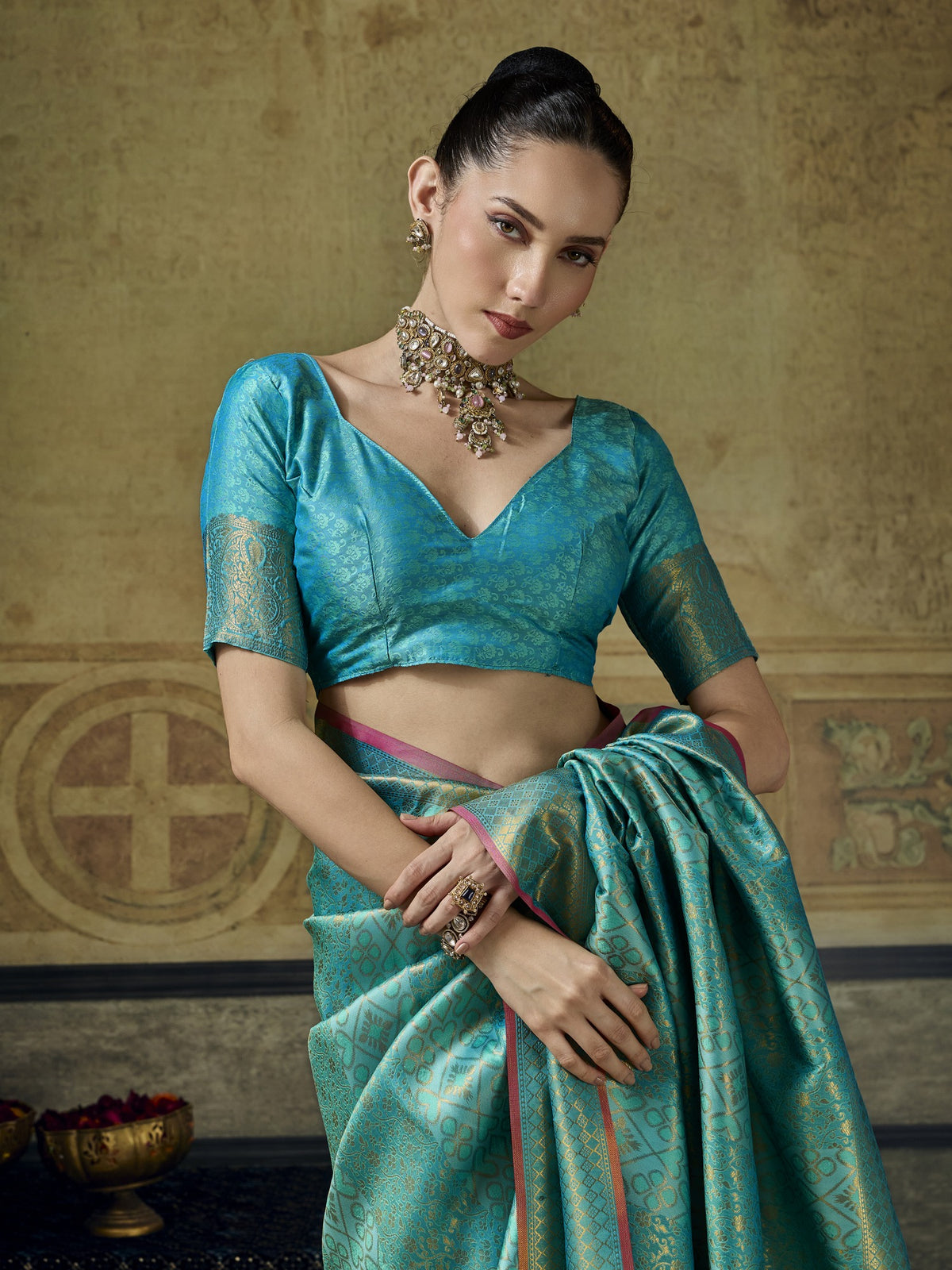 Turquoise Blue Pure Silk saree – detail view 2