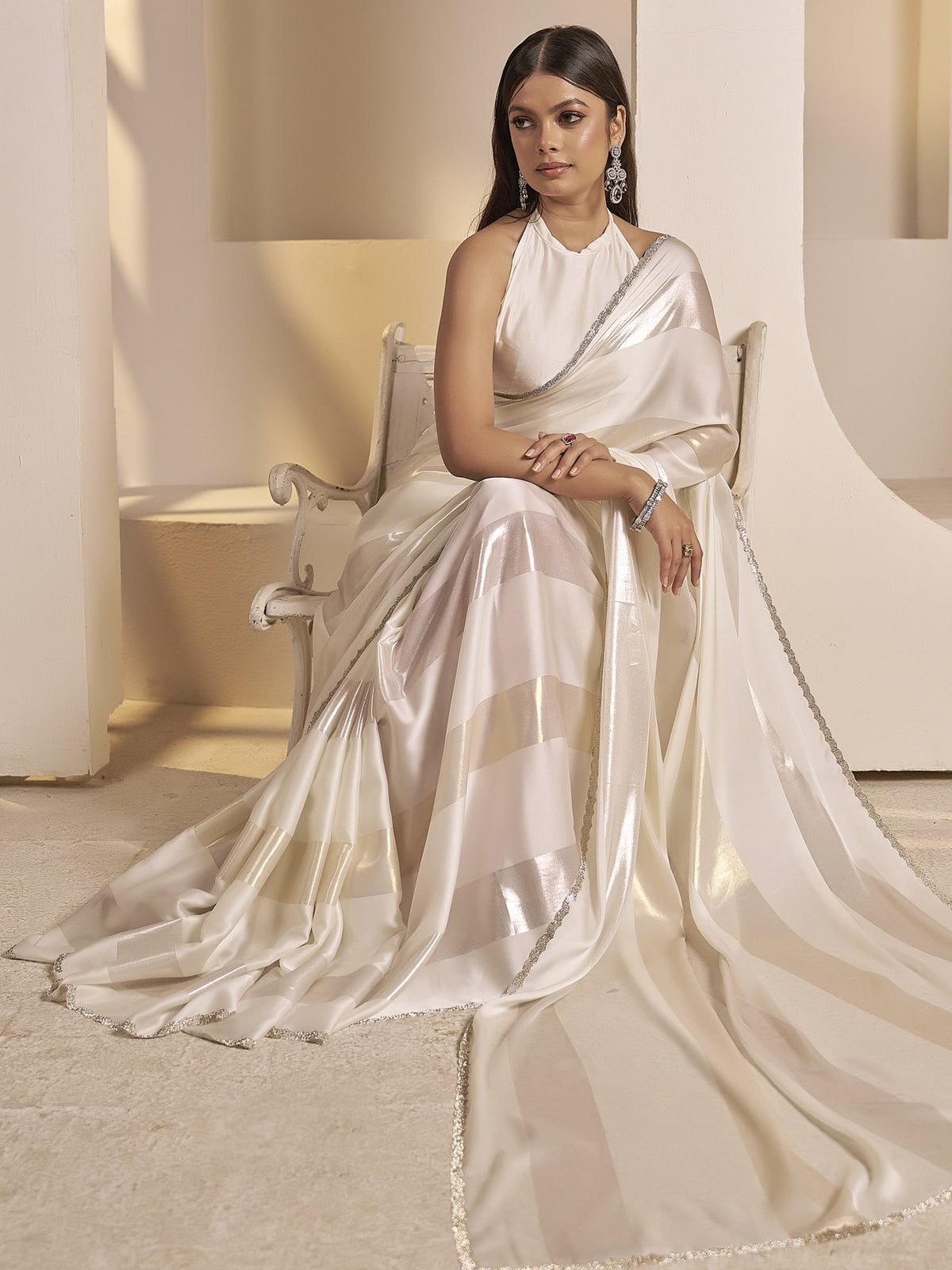 Off White satin silk saree view 2