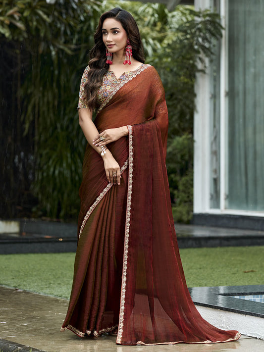 Brown solid chiffon saree with brown blouse piece